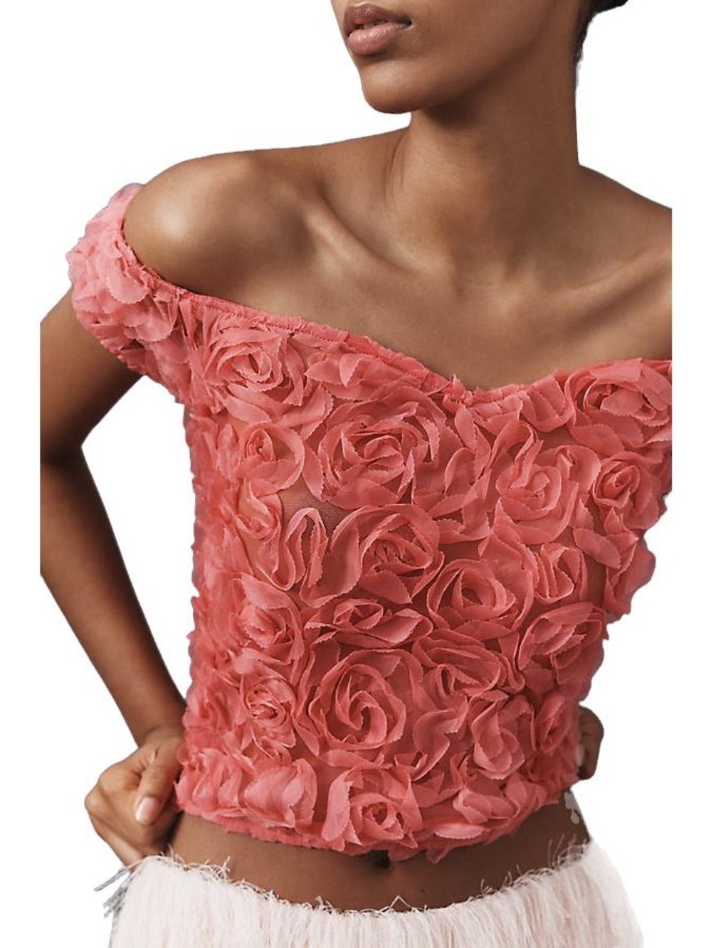 MAEVE Off-Shoulder Rosette Rose Appliqué Top Coral Pink NWT $118